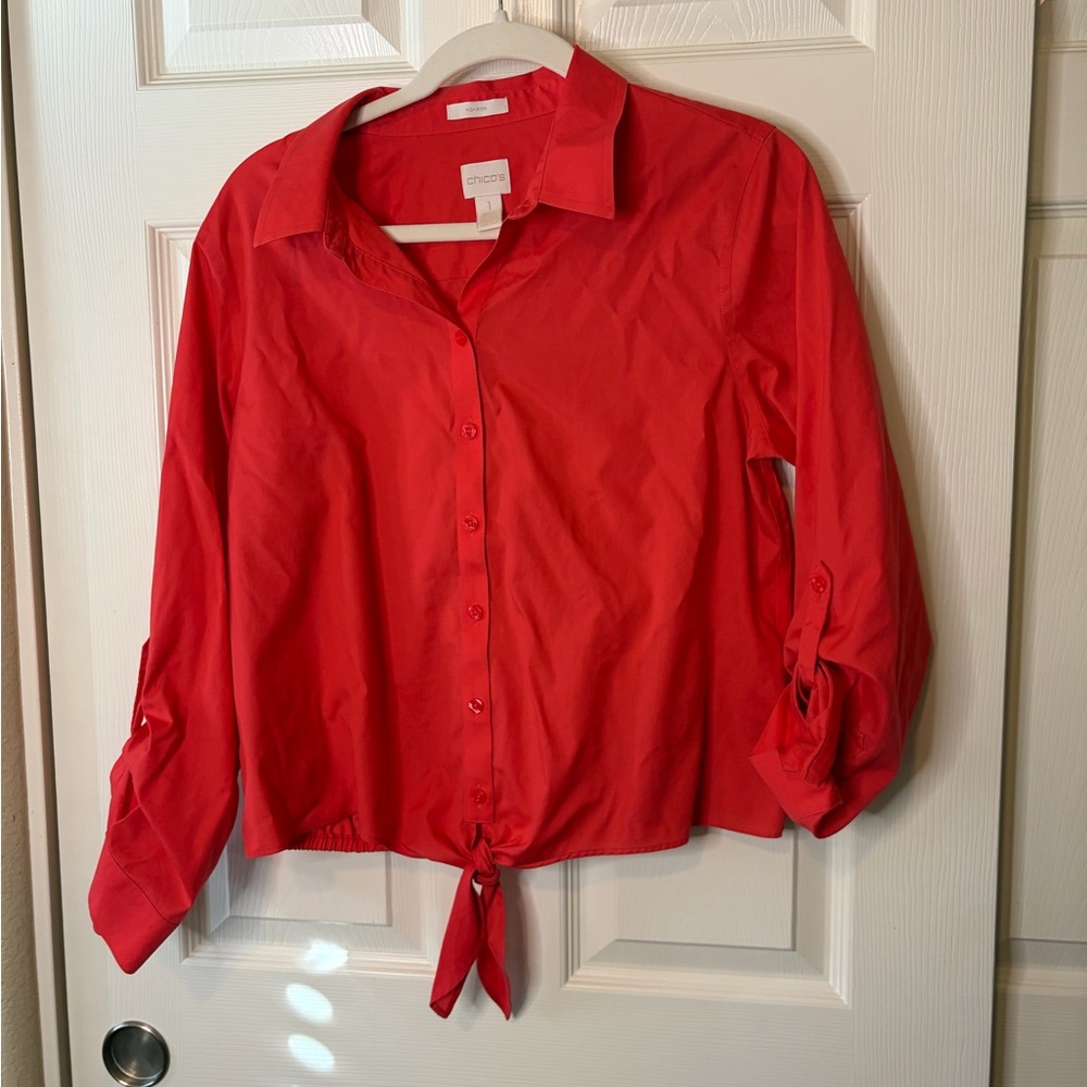 Women’s Chicos Cropped Coral Tie Waist LS Button Down Size 1/M Spring EUC